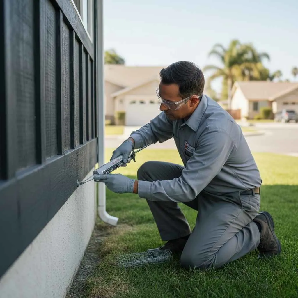 technician sealing small gap on exterior wall