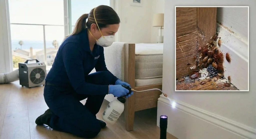 pest control professional performing treatment in a home.