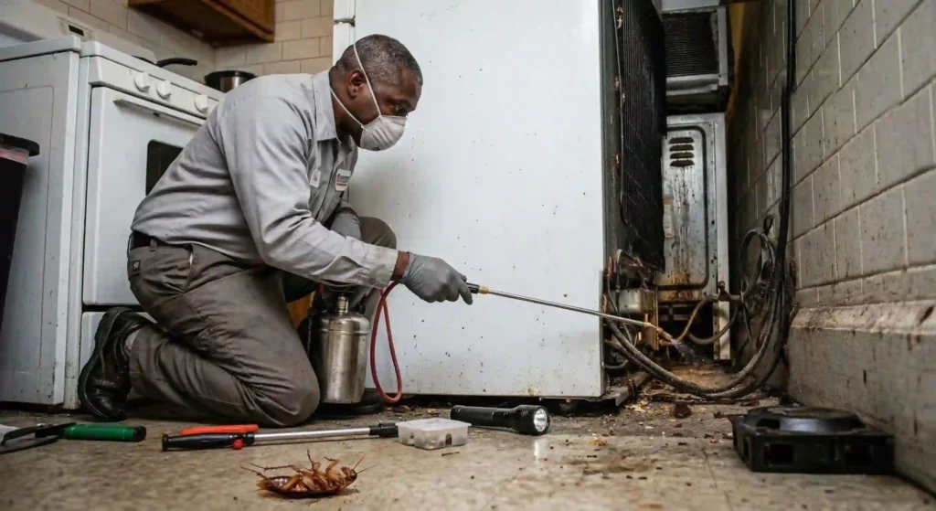 pest control technician treating home