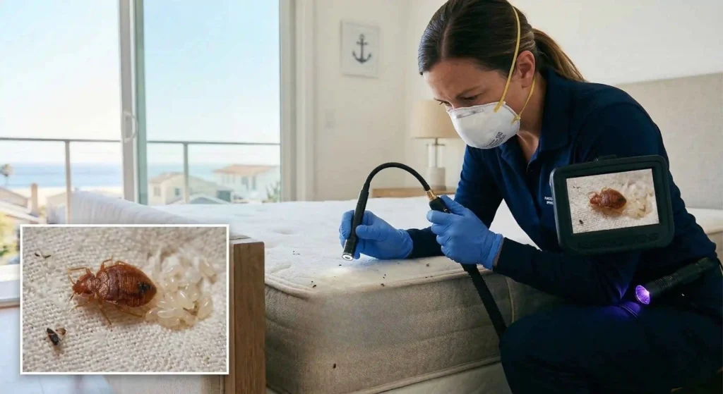 technician inspecting a bedroom.