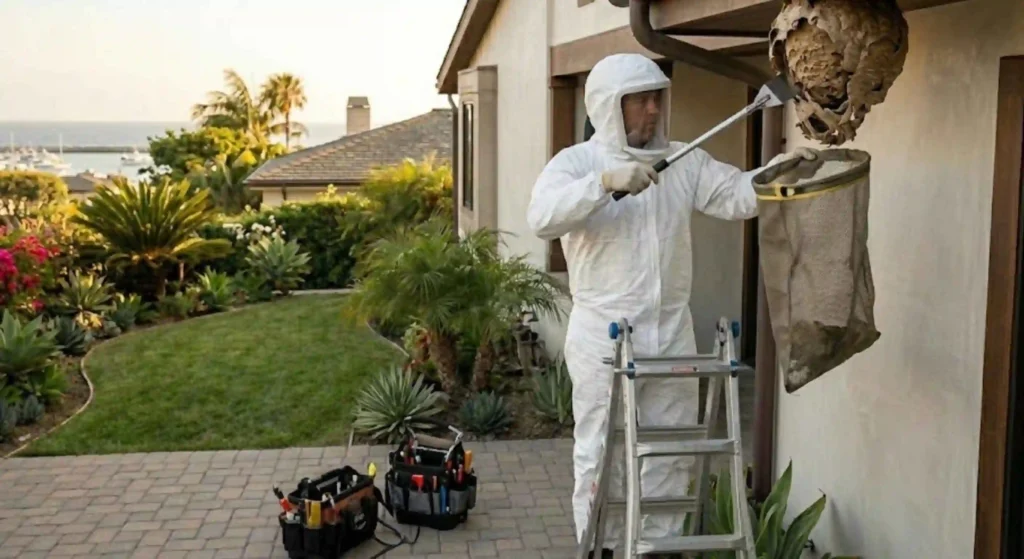 pest control technician removing nest