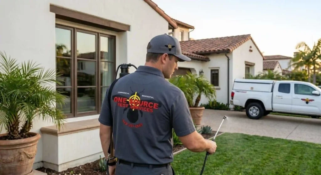 Pest control technician treating Newport Beach home exterior