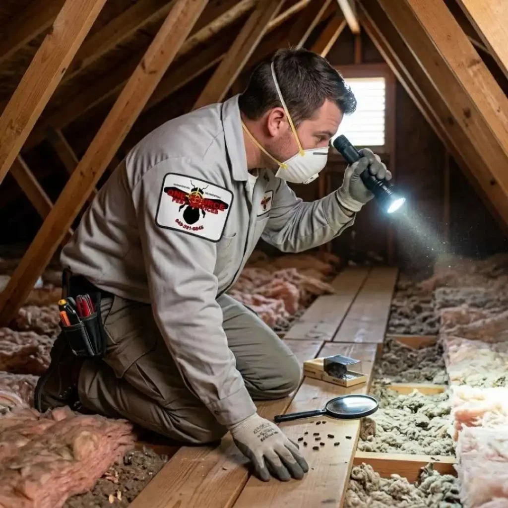 technician inspecting attic for rodent activity