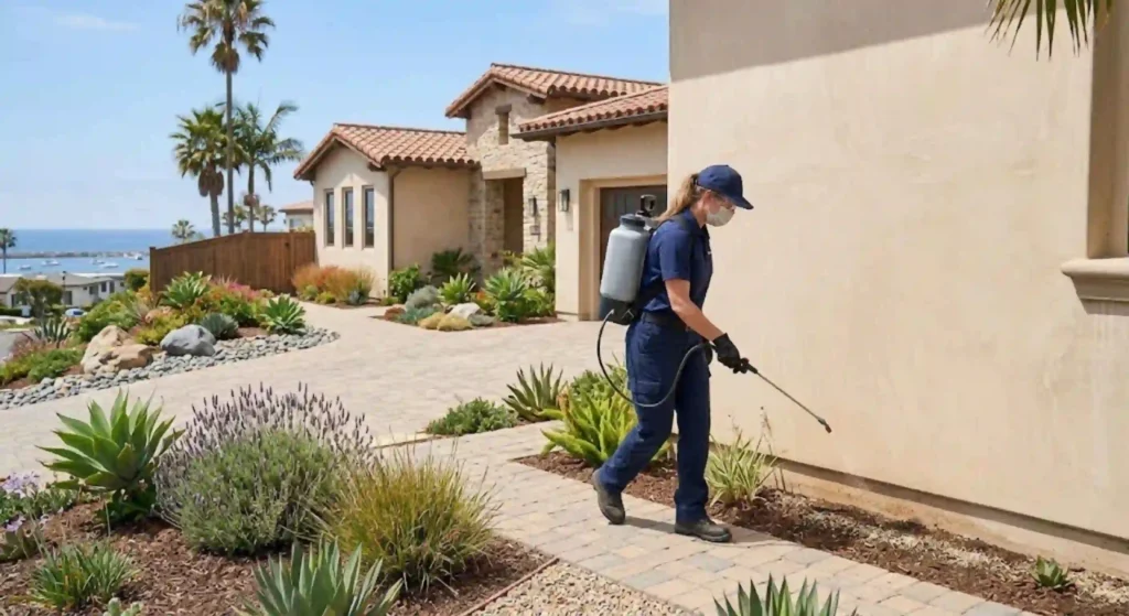 Exterior ant barrier treatment around a Newport Beach property