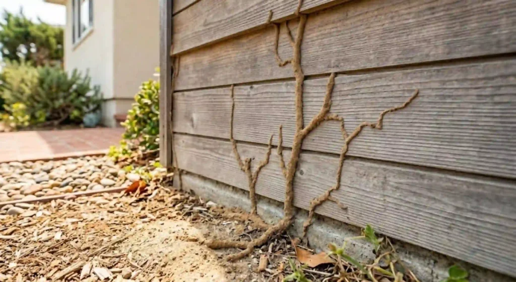 Subterranean termite mud tubes on a Newport Beach foundation