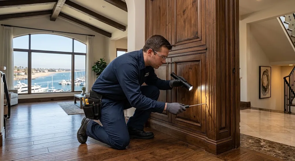 Professional termite inspection inside a Newport Beach home