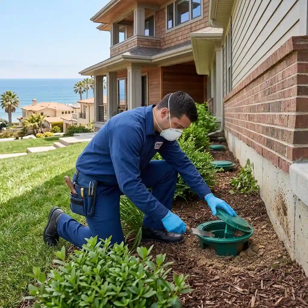 Termite baiting inspection at a Newport Beach home