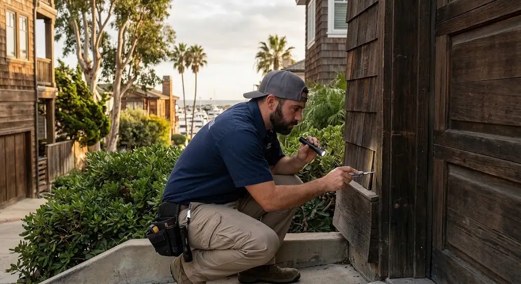 Termite inspection technician checking a Newport Beach home for wood damage