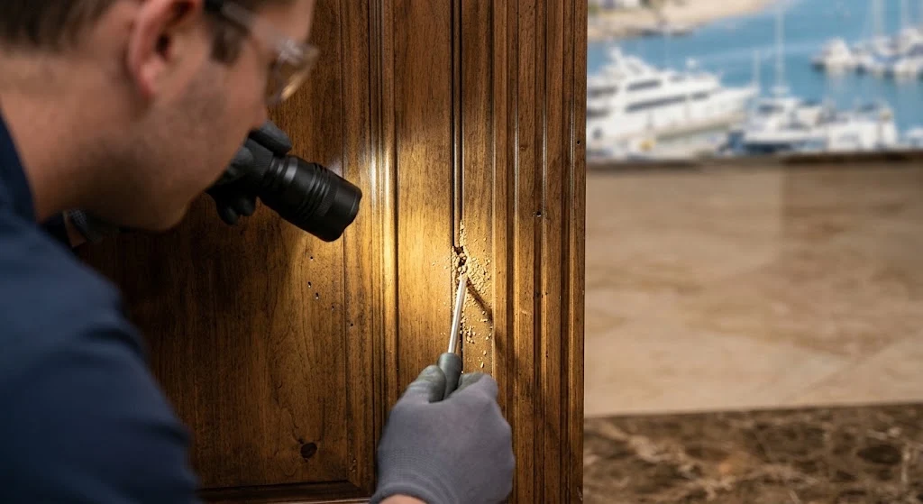 Termite specialist examining wood for signs of infestation in Newport Beach CA